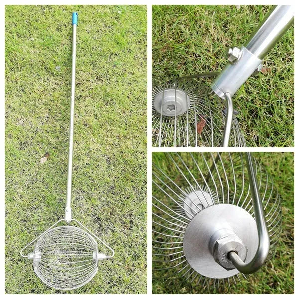 Metallic stainless steel golf ball picker tool on putting green
