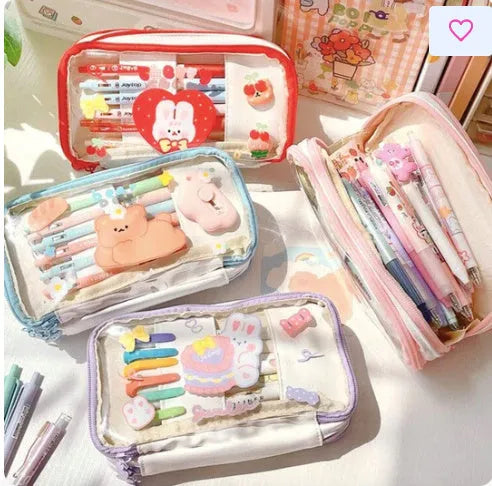 Transparent TPU pen bag with Japanese rabbit heart design in pink or red colour options