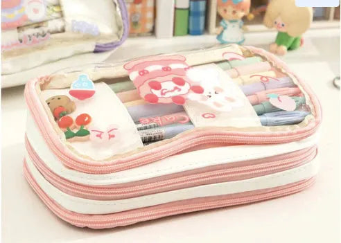 Transparent TPU pen bag with Japanese rabbit heart design in pink or red colour options