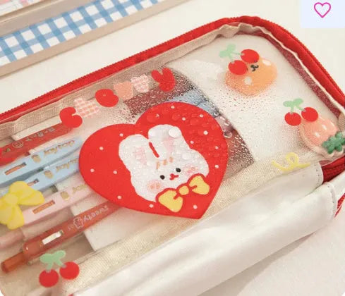Transparent TPU pen bag with Japanese rabbit heart design in pink or red colour options