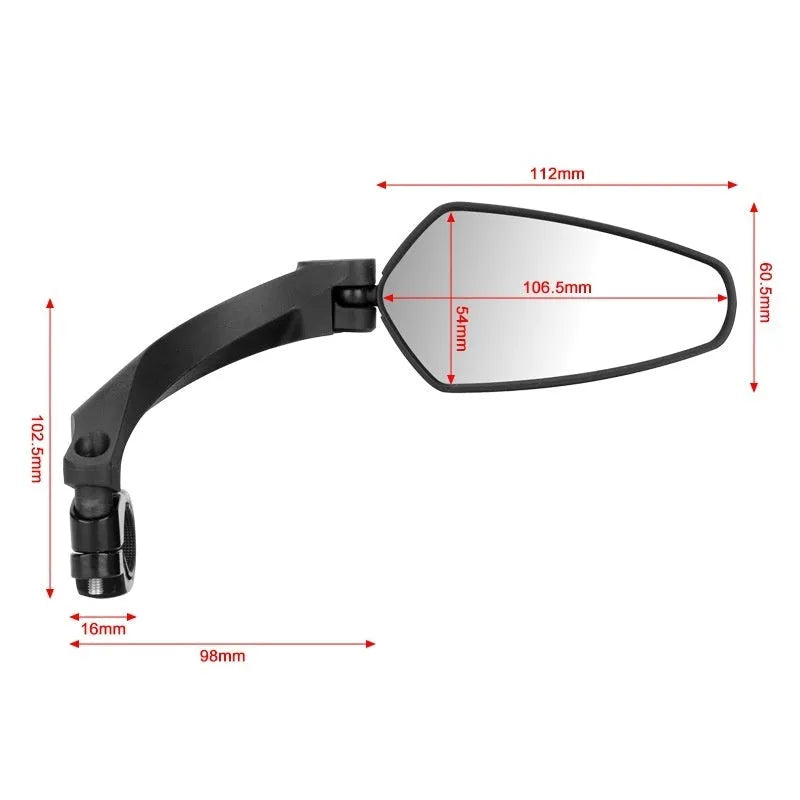 Black bicycle rearview mirror with rotatable design measuring 210x102.5mm