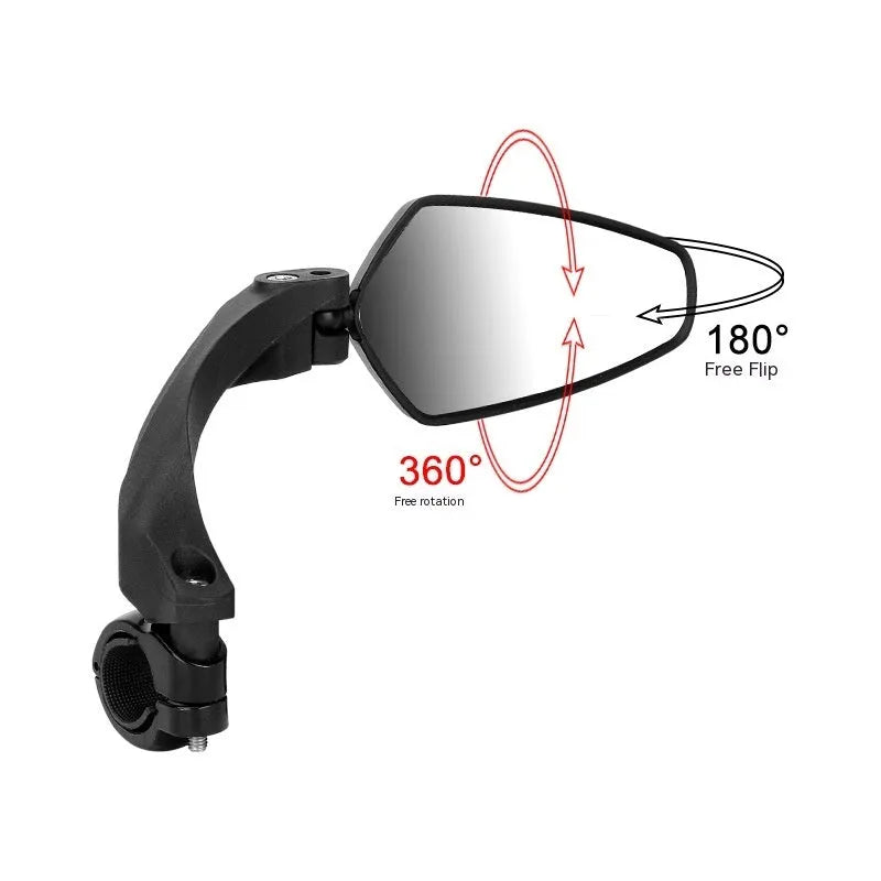 Black bicycle rearview mirror with rotatable design measuring 210x102.5mm