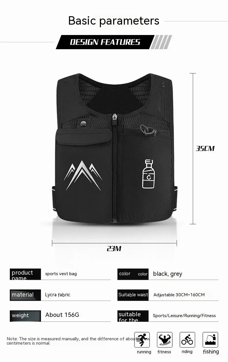 Sports running vest with front mobile phone bag in breathable mesh fabric, shown in classic black colour.
