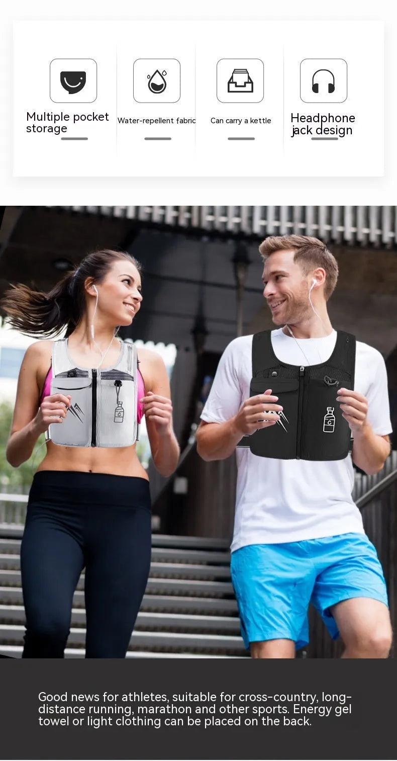 Sports running vest with front mobile phone bag in breathable mesh fabric, shown in classic black colour.