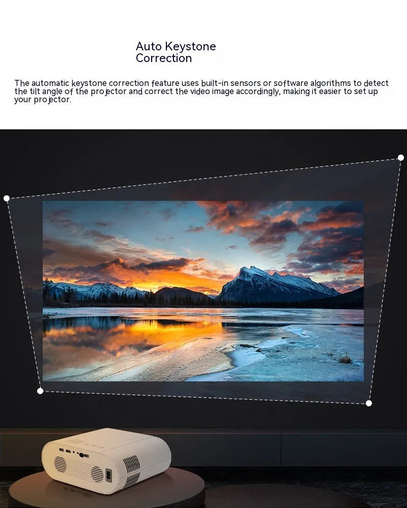White T07 Full HD Smart Projector with remote control on a table