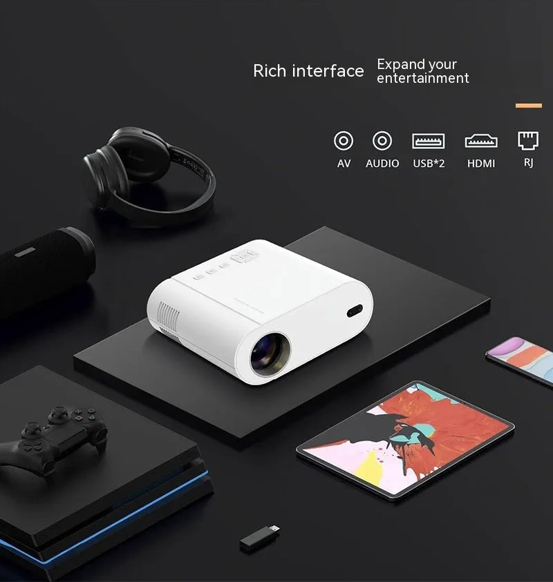 White T07 Full HD Smart Projector with remote control on a table