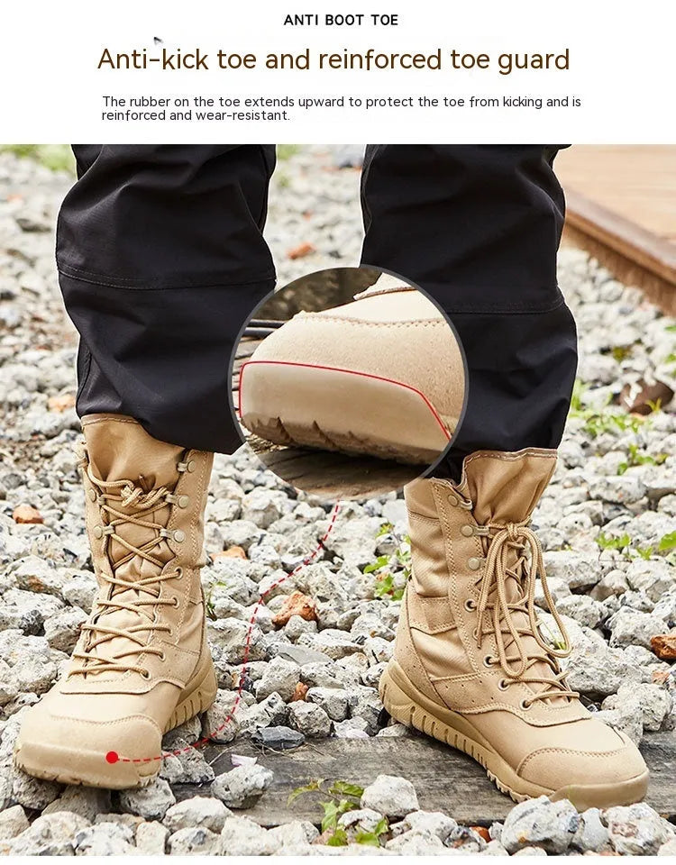 Yulong summer combat boots in black and sand colours, shown as outdoor climbing and tactical footwear.