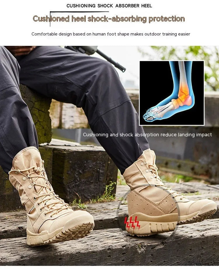Yulong summer combat boots in black and sand colours, shown as outdoor climbing and tactical footwear.