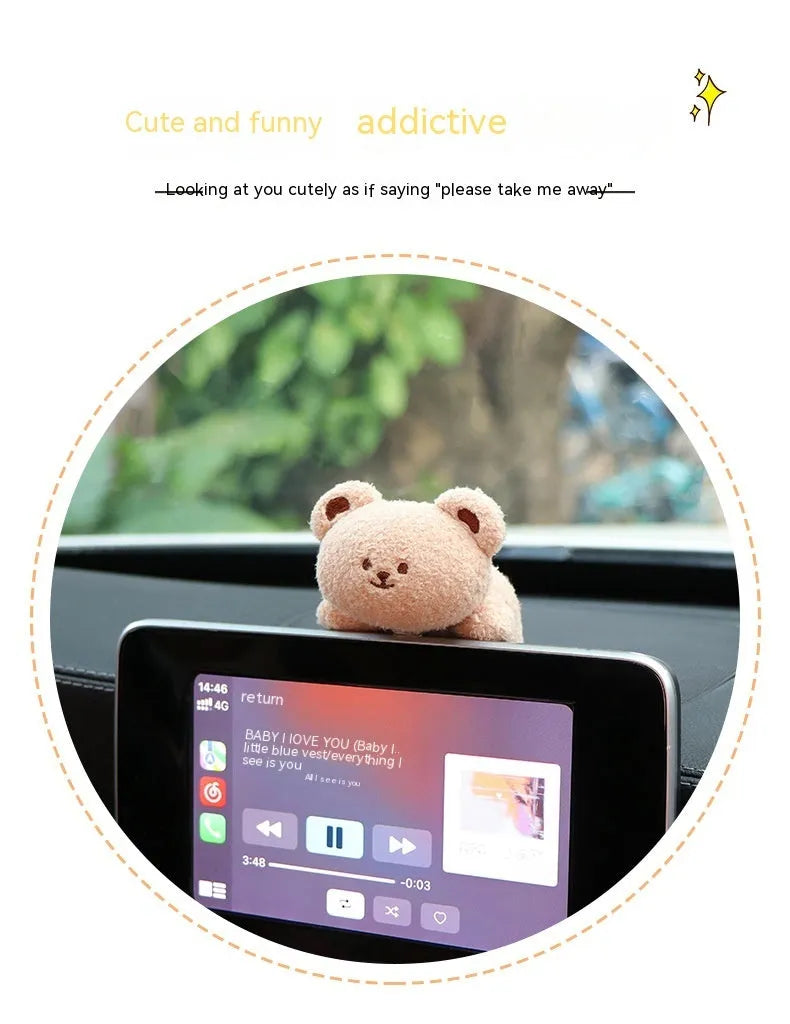Cute cartoon plush car centre console decoration in fabric with bear or rabbit screen doll option