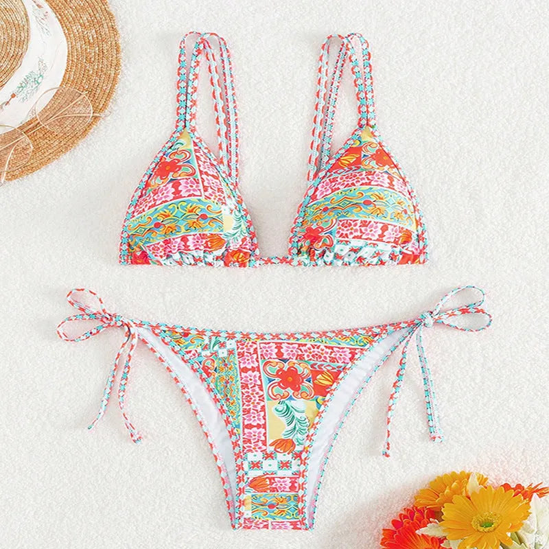 Women's lace-up front backless swimsuit bikini set in polyester fabric