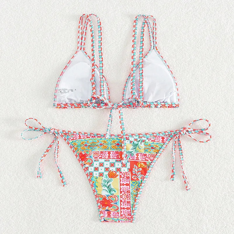Women's lace-up front backless swimsuit bikini set in polyester fabric