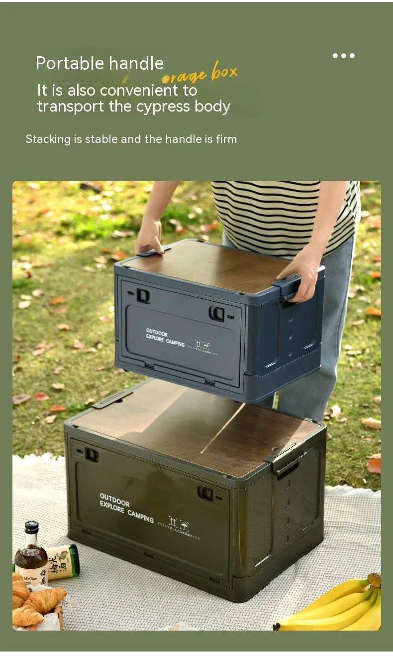Large white plastic storage box with wooden lid, shown open, for household organisation.