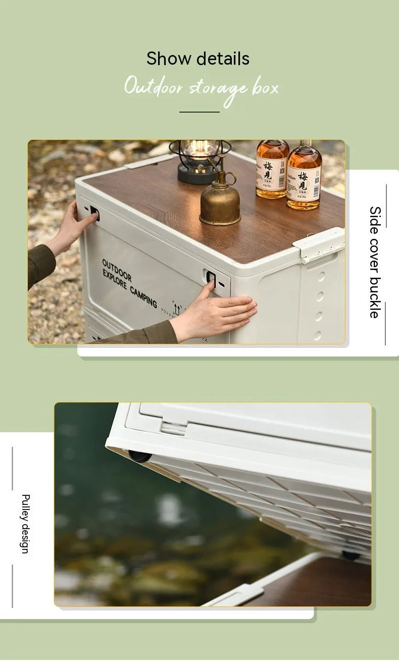 Large white plastic storage box with wooden lid, shown open, for household organisation.