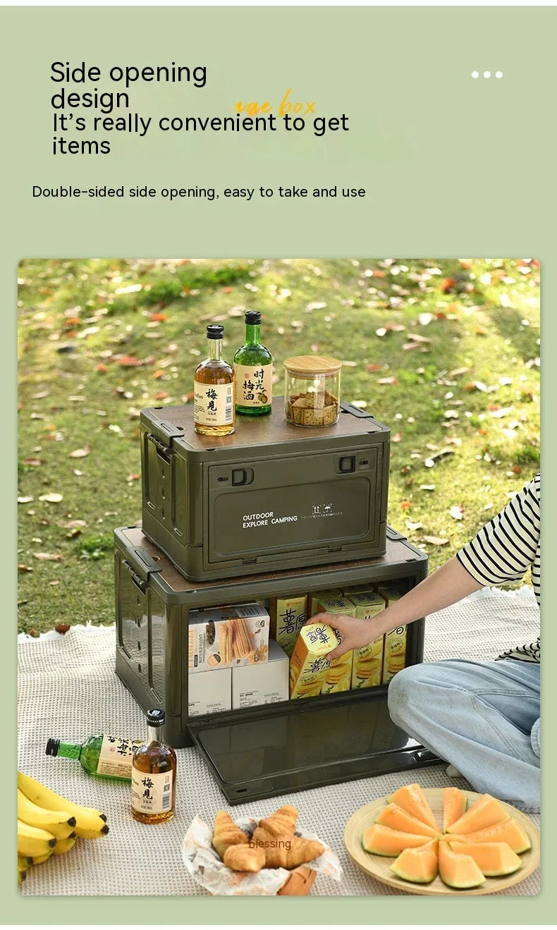 Large white plastic storage box with wooden lid, shown open, for household organisation.