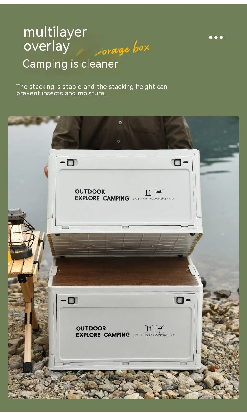 Large white plastic storage box with wooden lid, shown open, for household organisation.