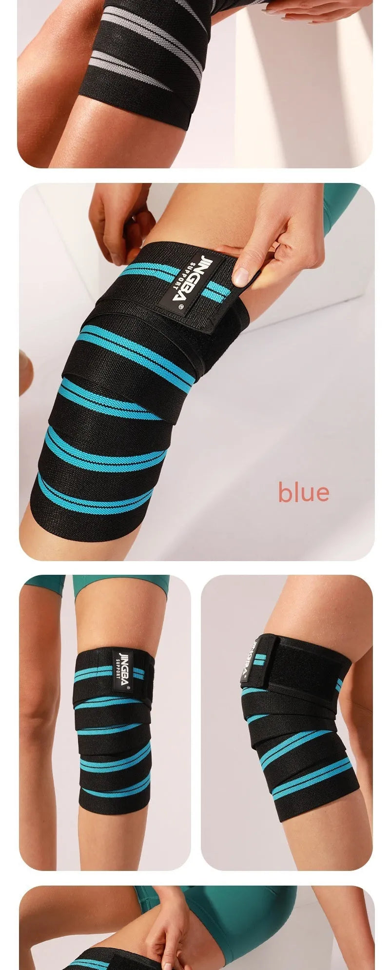 Adjustable knee pads for sports protection in blue, grey, red, yellow colours