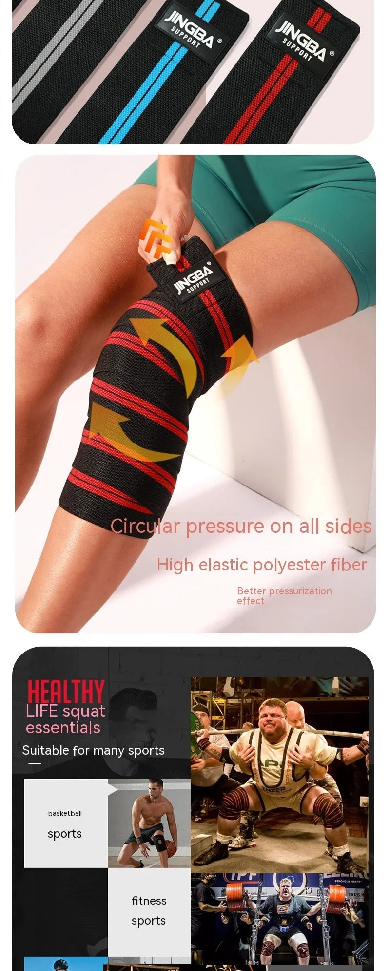 Adjustable knee pads for sports protection in blue, grey, red, yellow colours