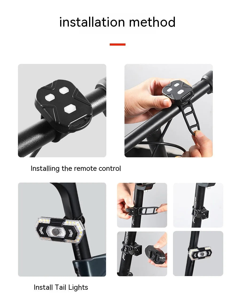 Black wireless remote control motorcycle taillight with LED indicators and USB charging port