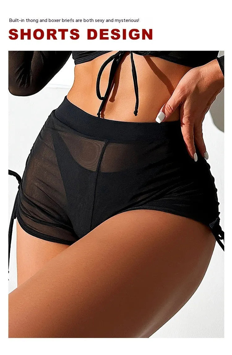 Black mesh women's bikini set with long sleeves and briefs style bottoms
