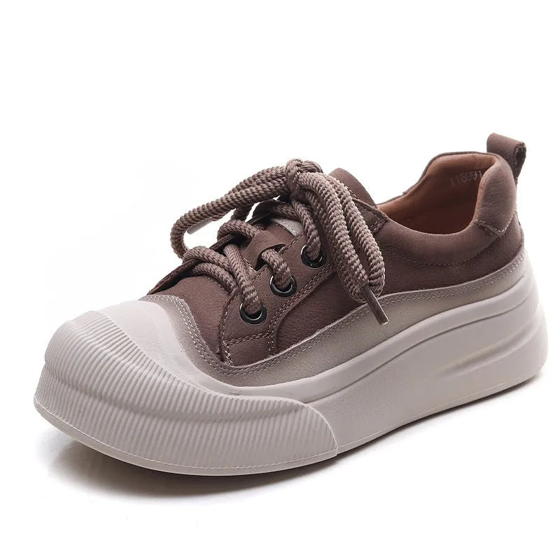 Women's brown leather lace-up casual shoes with round toe on white background