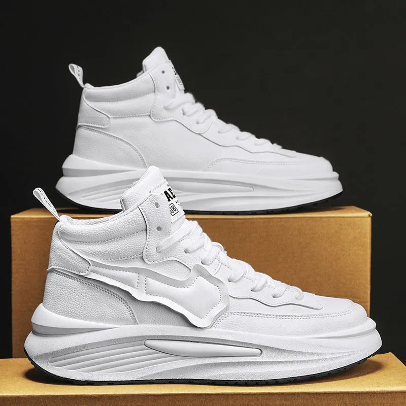 Men's black and white platform high-top board shoes with artificial PU upper and round toe