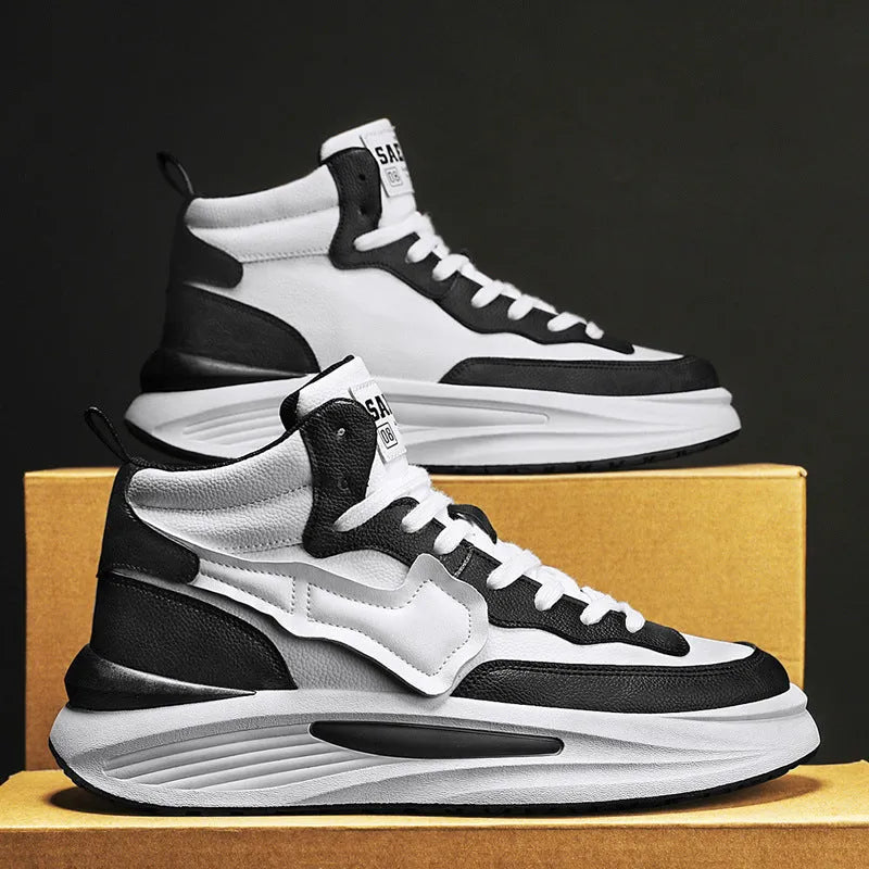 Men's black and white platform high-top board shoes with artificial PU upper and round toe