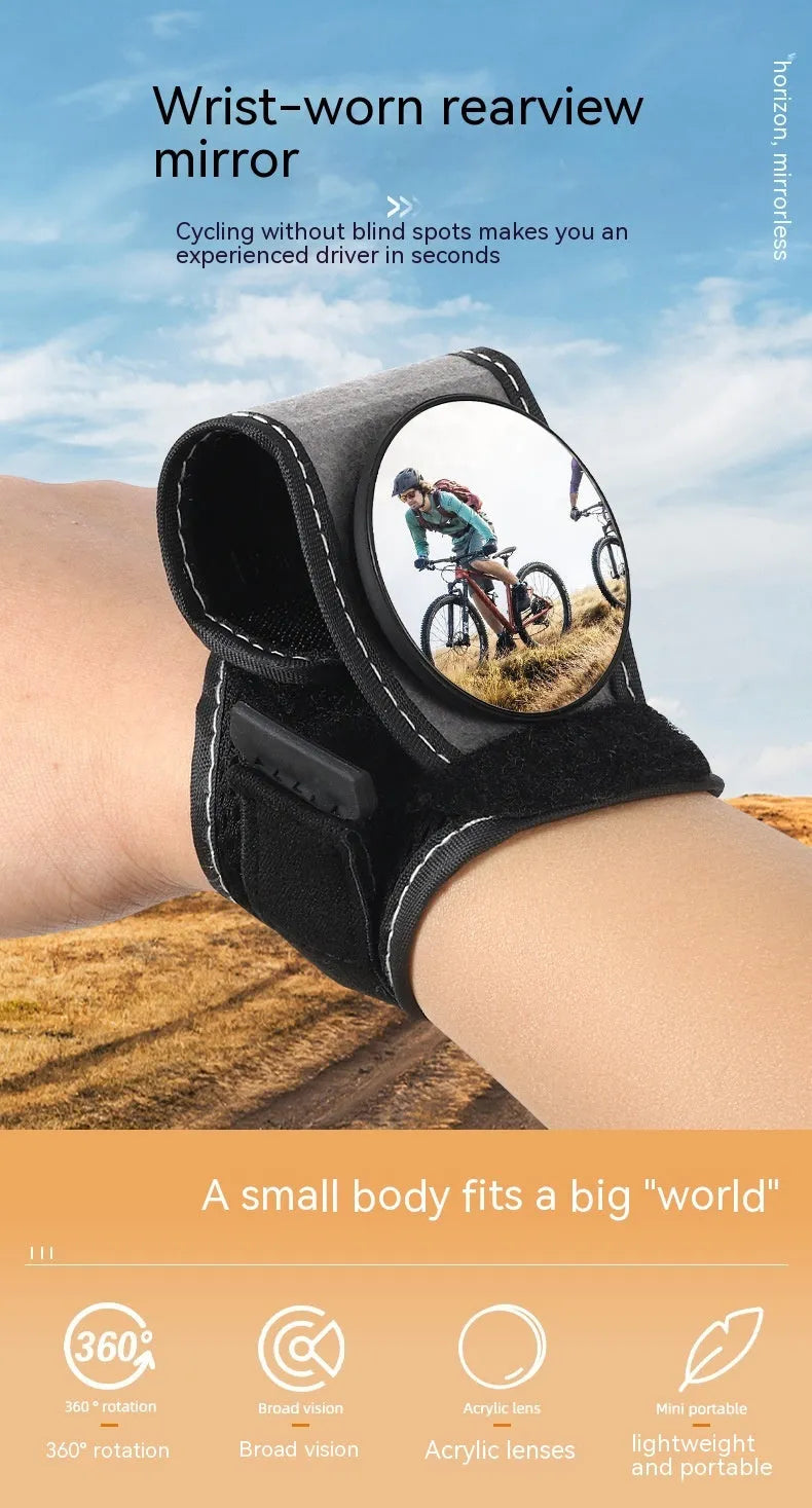 Black nylon wrist-mounted cycling rearview mirror with adjustable arm