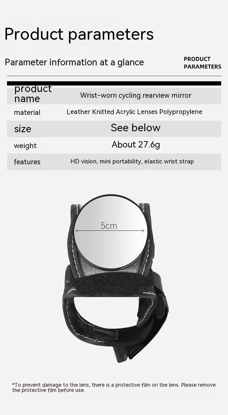 Black nylon wrist-mounted cycling rearview mirror with adjustable arm