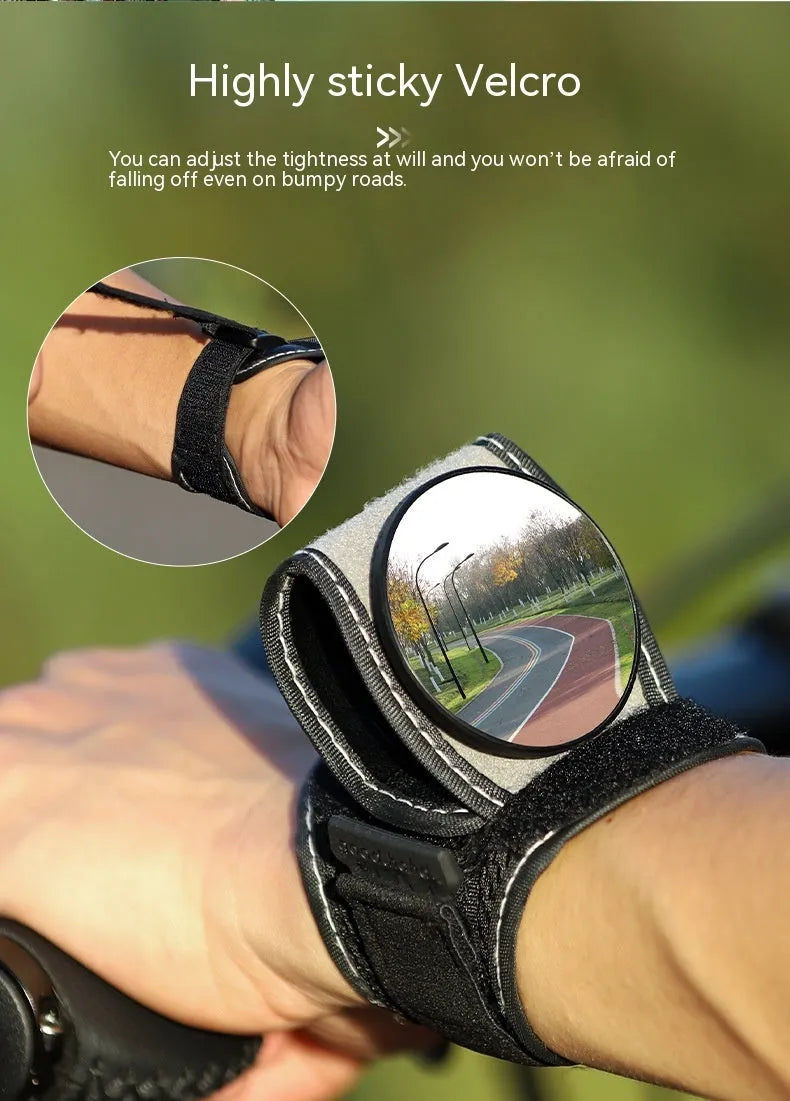 Black nylon wrist-mounted cycling rearview mirror with adjustable arm