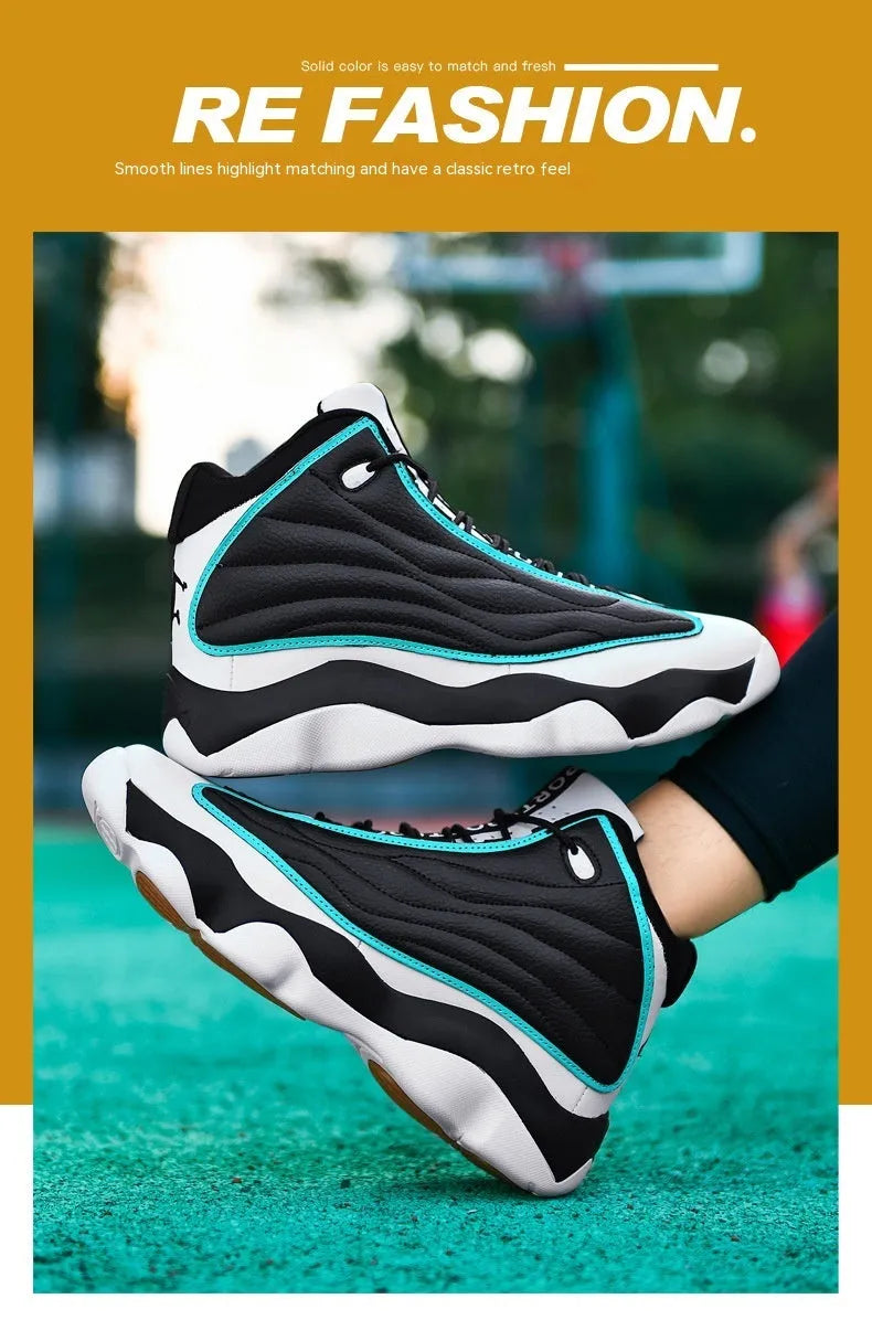 Men's high-top basketball shoes in AJ13 colours with thick rubber sole and mesh upper