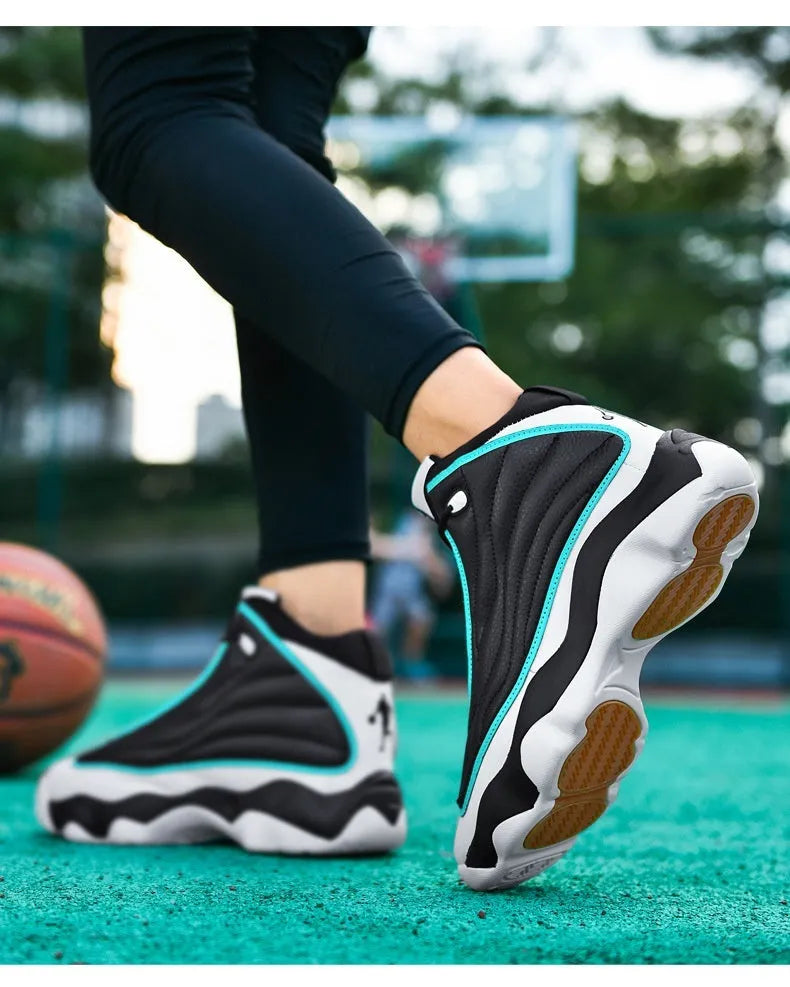 Men's high-top basketball shoes in AJ13 colours with thick rubber sole and mesh upper