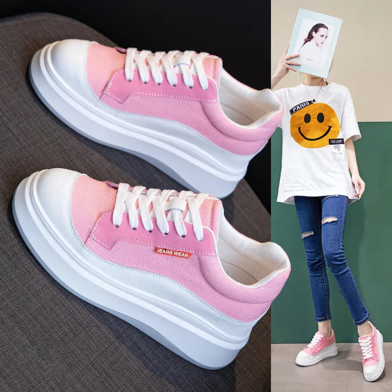 Women's thick-soled leather board shoes in beige and pink colours with cowhide upper