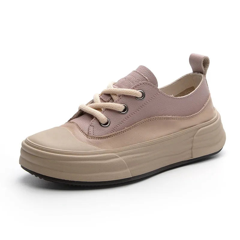 Women's round toe leather casual platform sneakers in matcha green, front lace-up design