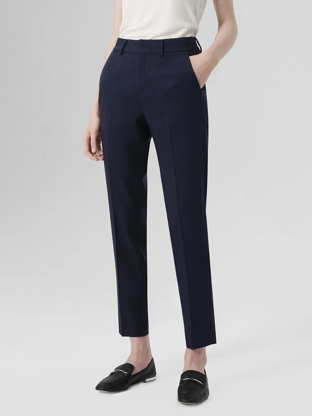 Business formal straight-leg suit pants in black for women, front view