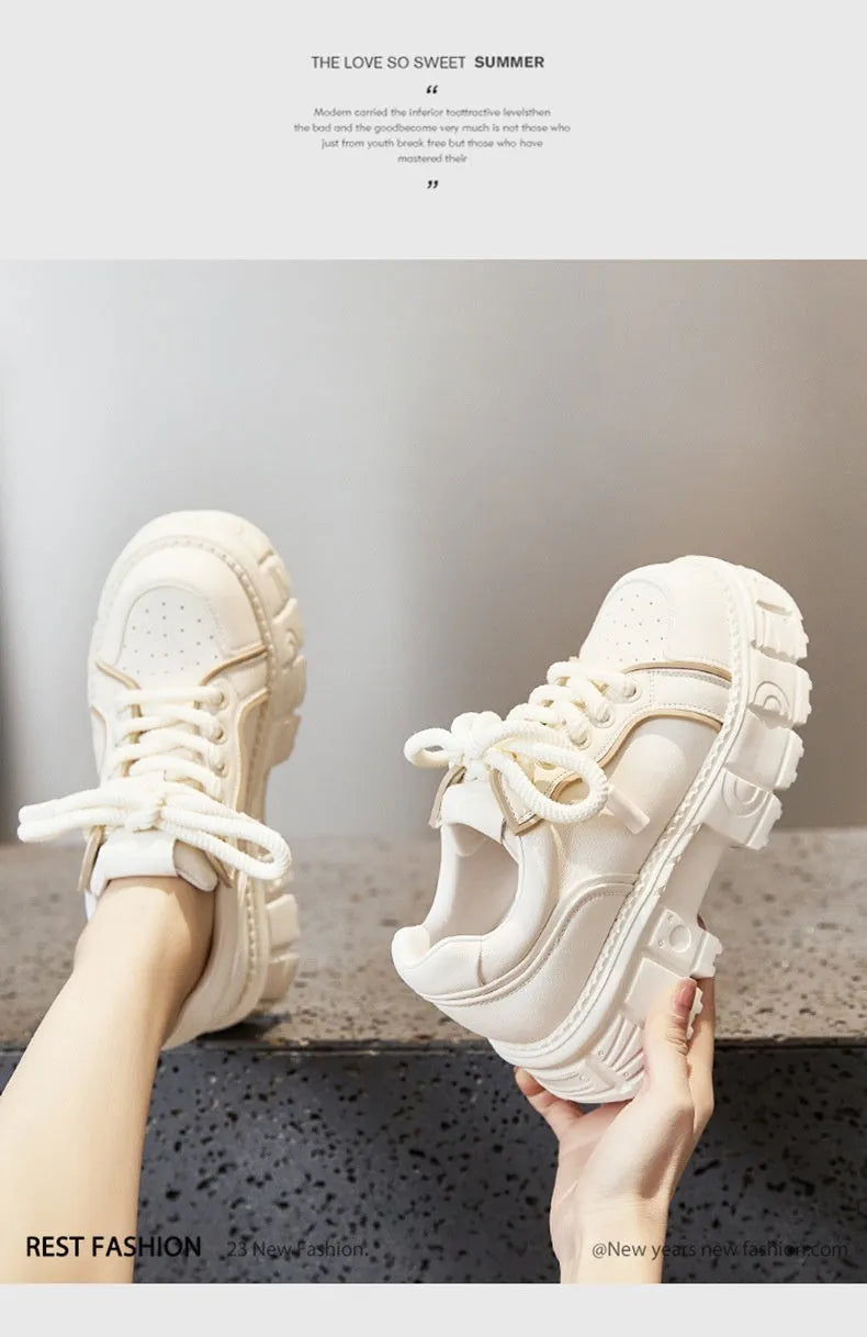 Women's beige casual leather shoes with a spring muffin heel on a rubber foam sole.
