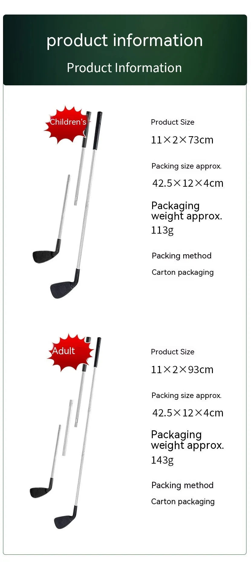 Metal golf practice club set showing one adult-sized and one child-sized club for outdoor training.
