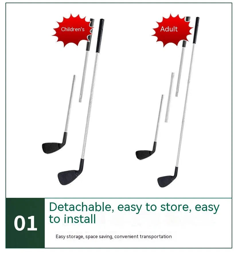 Metal golf practice club set showing one adult-sized and one child-sized club for outdoor training.
