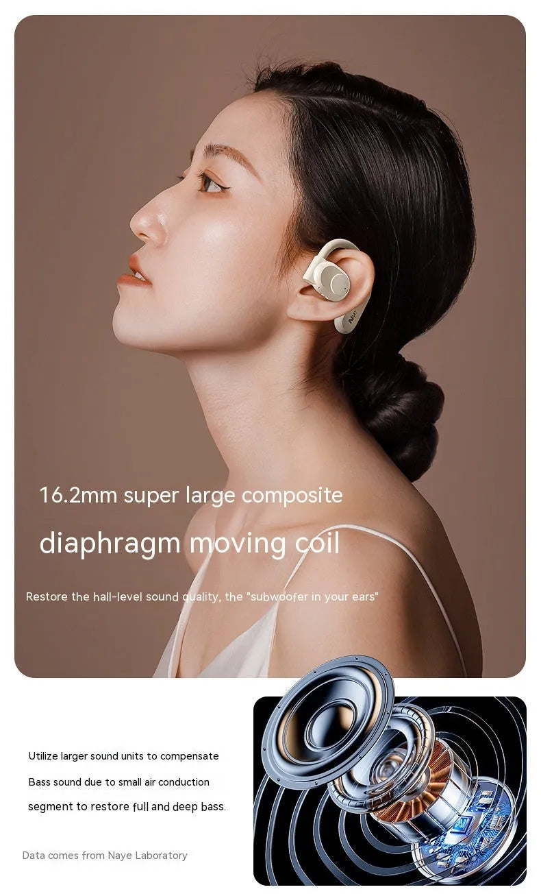 Bone conduction wireless ear clip headphones in black with ear hook design and digital display