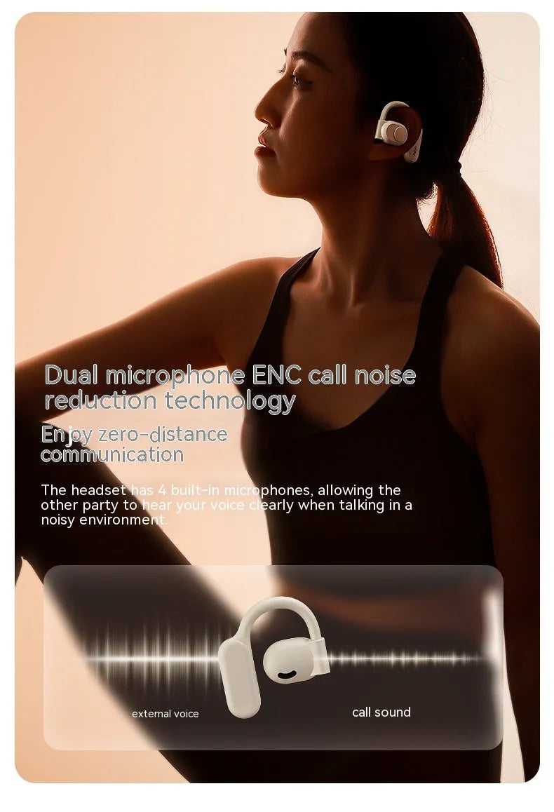 Bone conduction wireless ear clip headphones in black with ear hook design and digital display