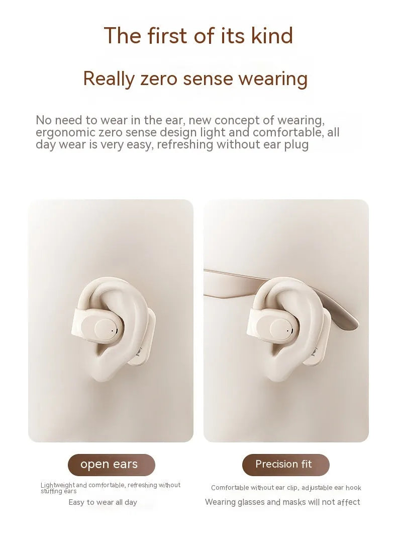 Bone conduction wireless ear clip headphones in black with ear hook design and digital display
