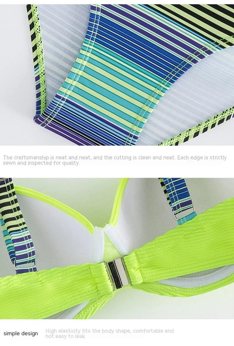 Green printed halter neck bikini set with split briefs on white background
