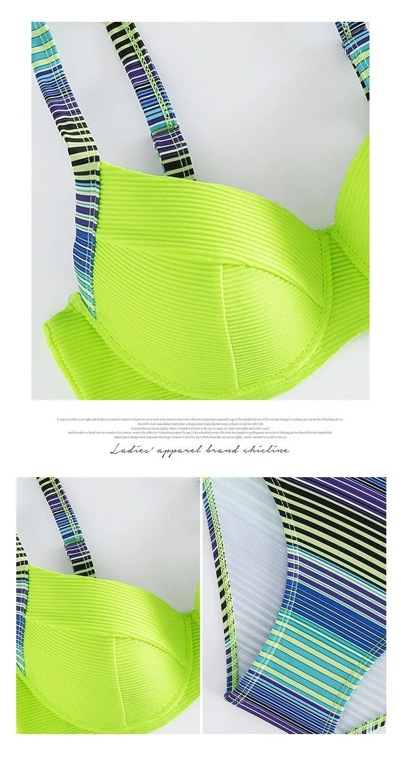 Green printed halter neck bikini set with split briefs on white background