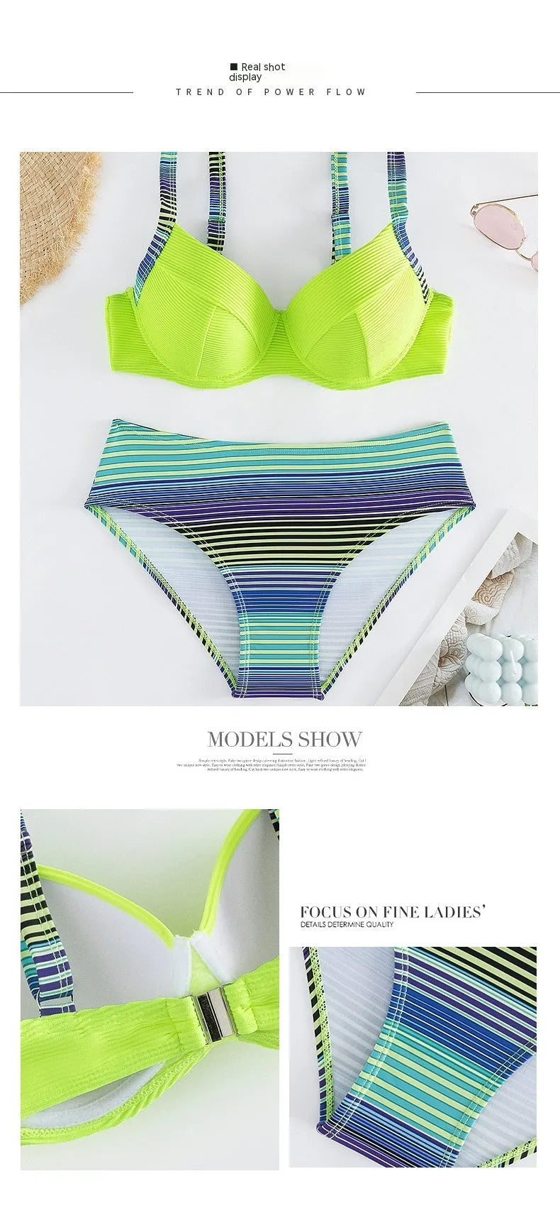 Green printed halter neck bikini set with split briefs on white background