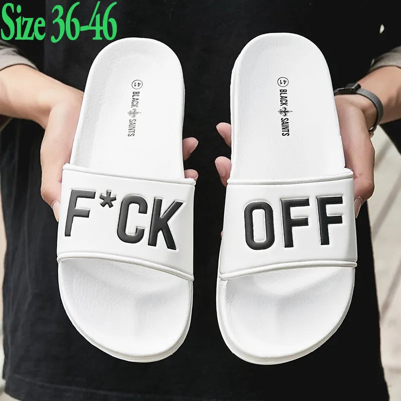 Men's black and white open toe slippers with rubber soles showing size range 36-46