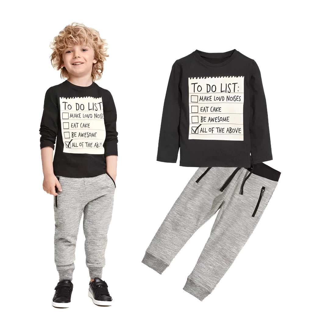 Cotton boys casual clothing set with long sleeve t-shirt and pants, featuring a letter pattern.