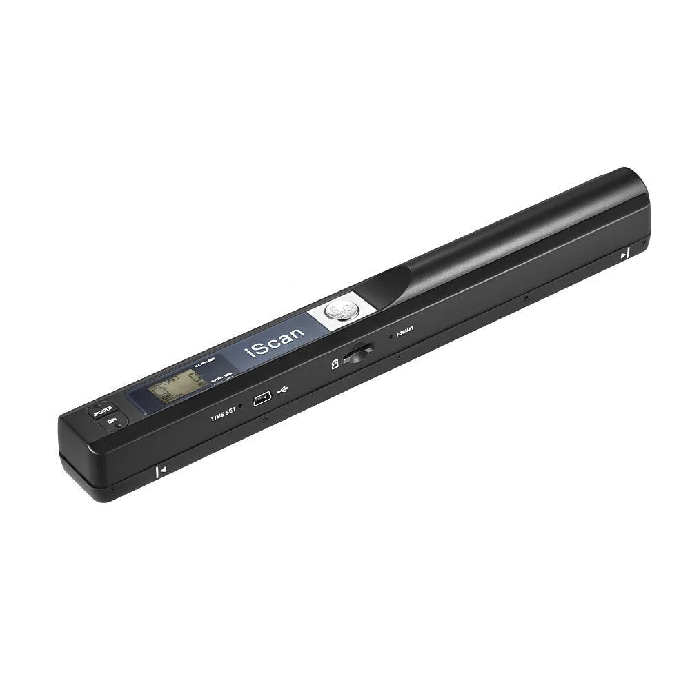 A handheld plastic barcode scanner shown in black, blue, green, red, and silver colour variants