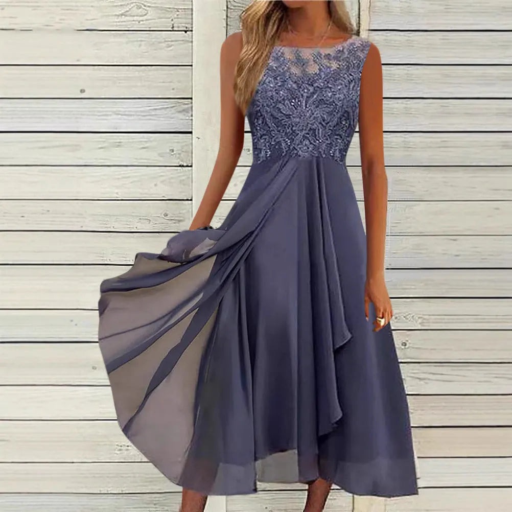 Women's sleeveless blue chiffon dress with hollow-out lace detail, mid-length princess style.