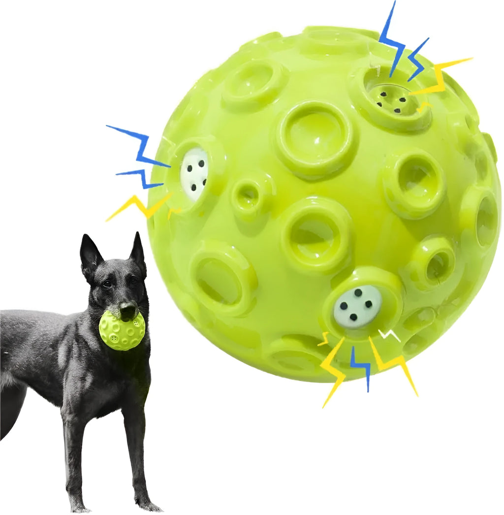 Durable natural rubber dog ball with meteorite-shaped bumps for aggressive chewers in multiple colour options