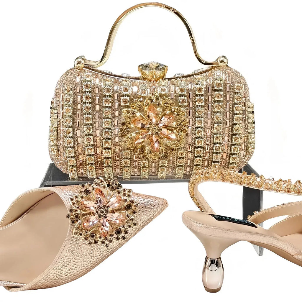 Women's high heel shoe and clutch bag set with decorative floral ankle chain in multiple colour options