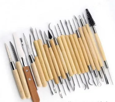 27-piece brown pottery clay tool set with rolling pin and stainless steel tools in an OPP bag.